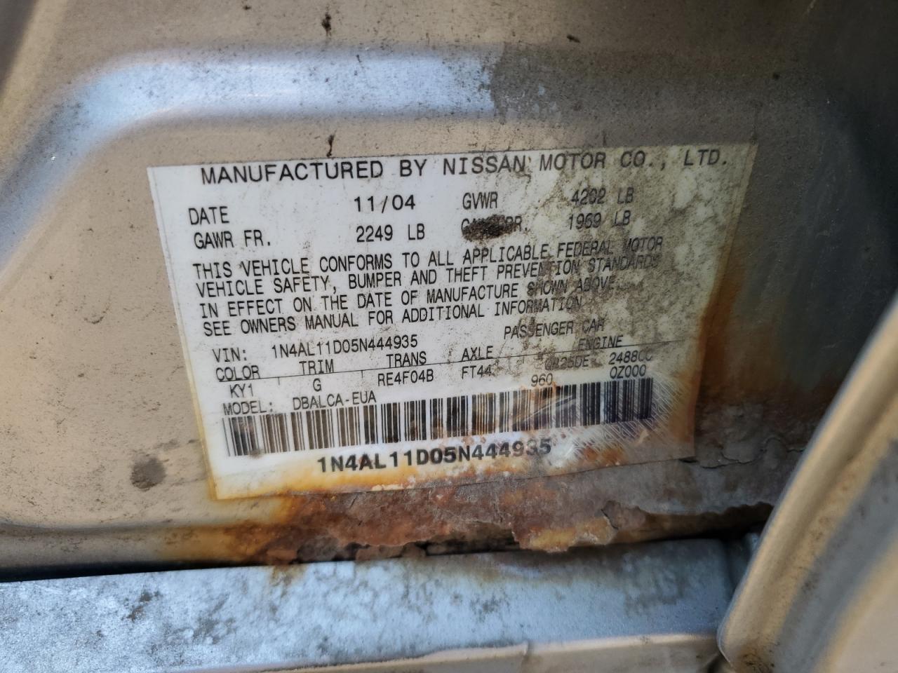 2005 Nissan Altima S VIN: 1N4AL11D05N444935 Lot: 63836744