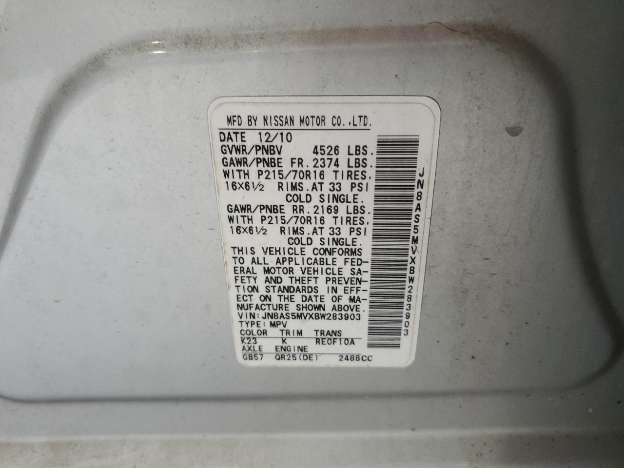 2011 Nissan Rogue S VIN: JN8AS5MVXBW283903 Lot: 62702994