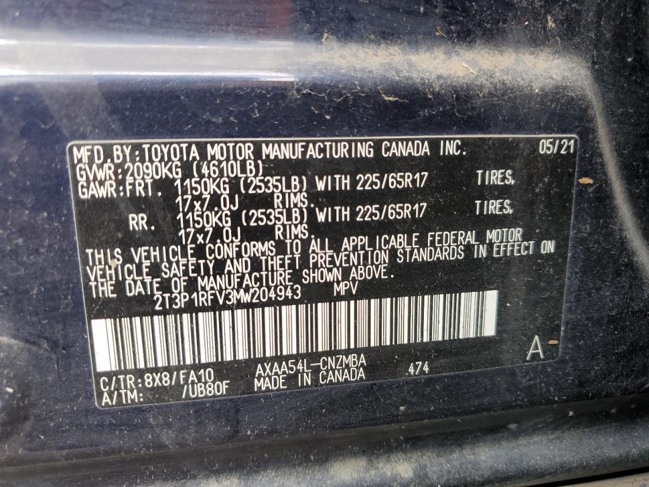 2021 Toyota Rav4 Xle VIN: 2T3P1RFV3MW204943 Lot: 63211904