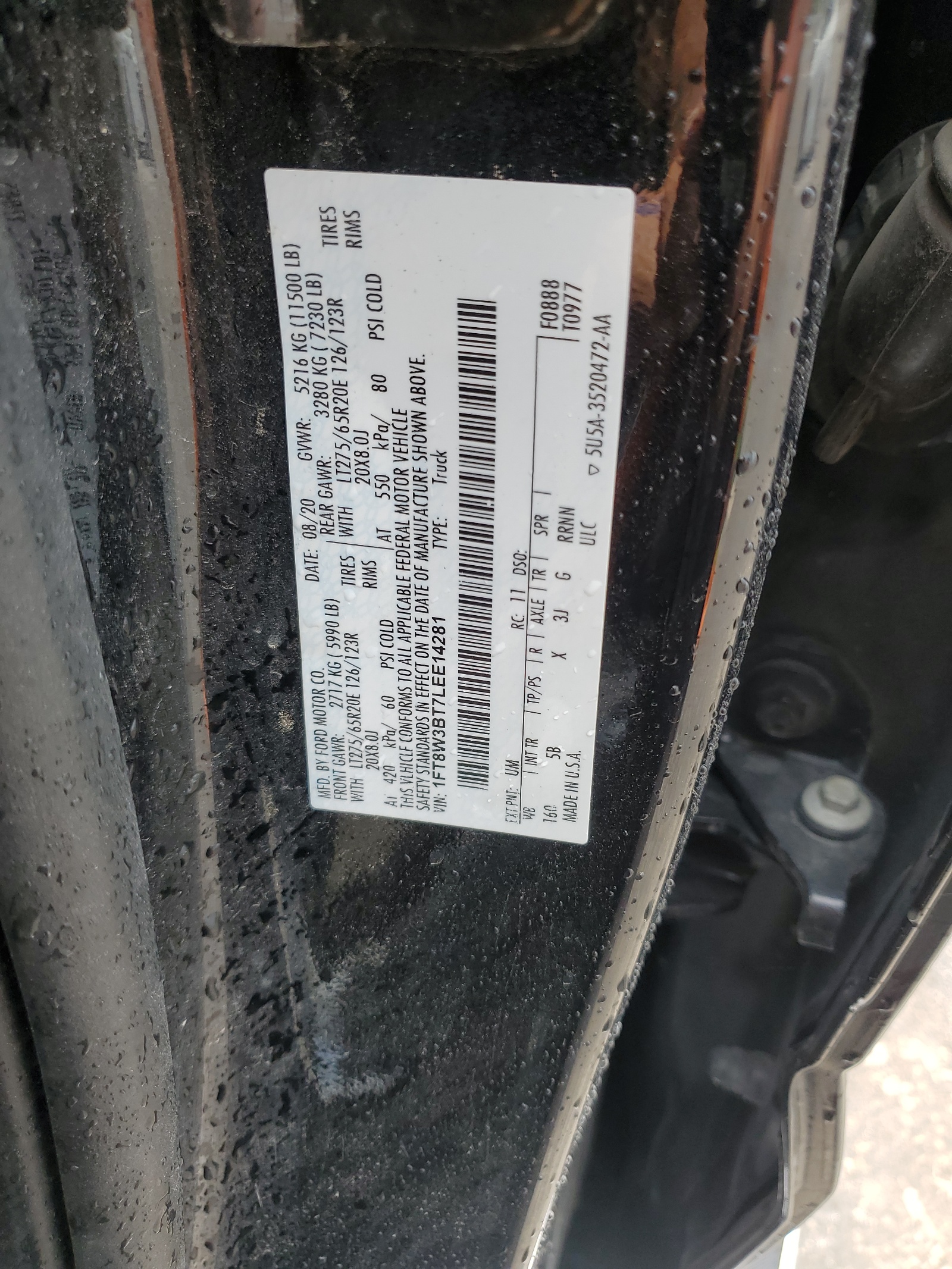 2020 Ford F350 Super Duty vin: 1FT8W3BT7LEE14281