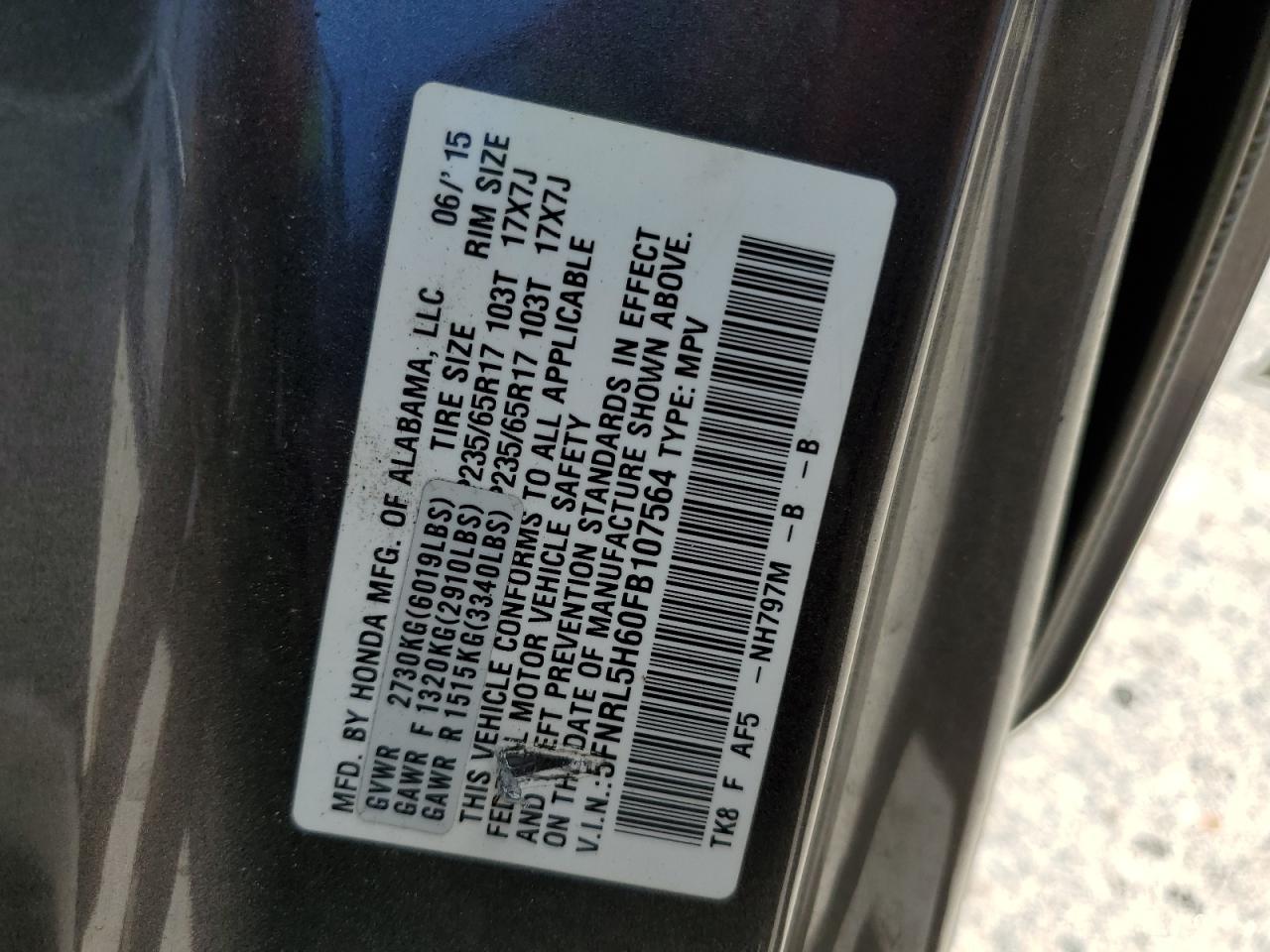 5FNRL5H60FB107564 2015 Honda Odyssey Exl