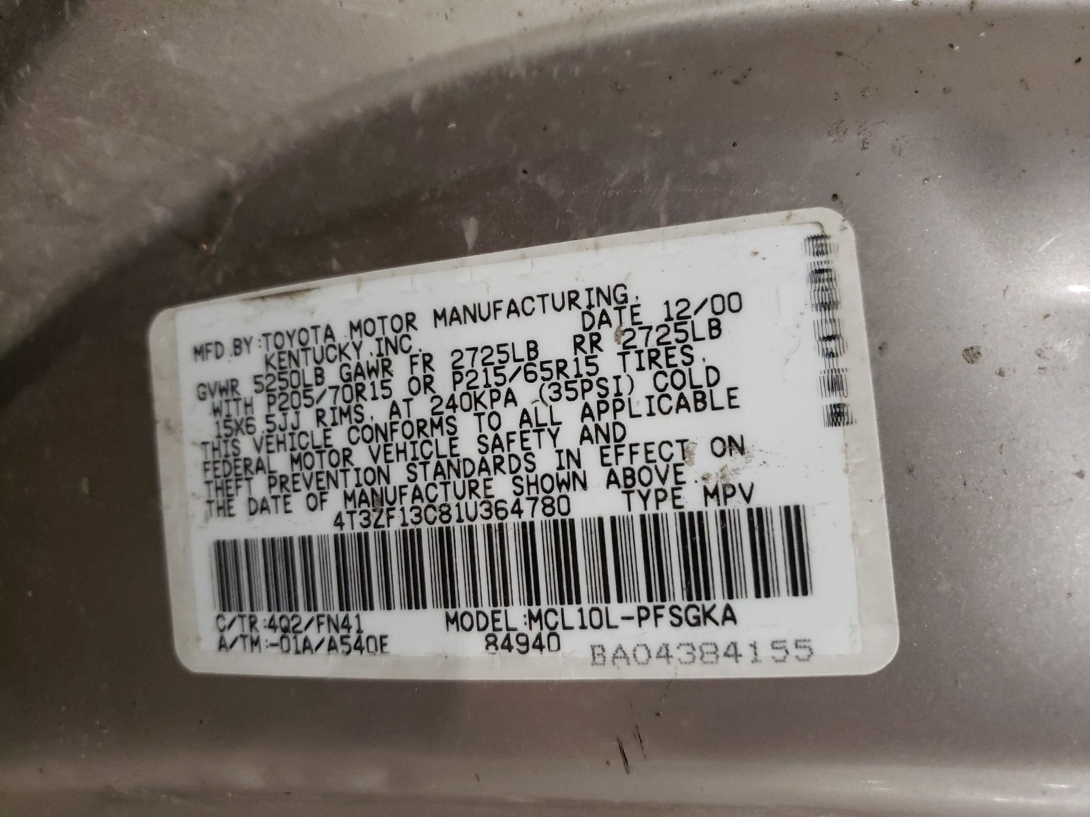 4T3ZF13C81U364780 2001 Toyota Sienna Le