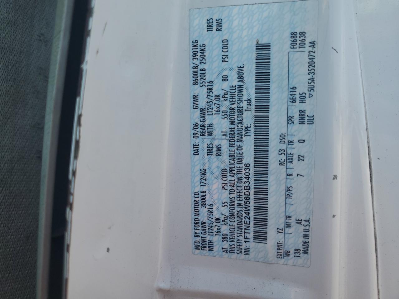 2006 Ford Econoline E250 Van VIN: 1FTNE24W56DB34036 Lot: 62810164