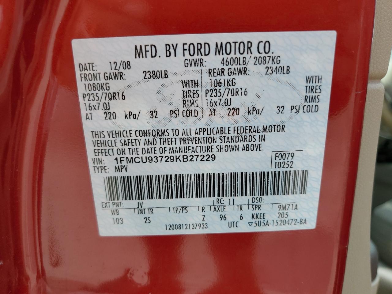 2009 Ford Escape Xlt VIN: 1FMCU93729KB27229 Lot: 64240304