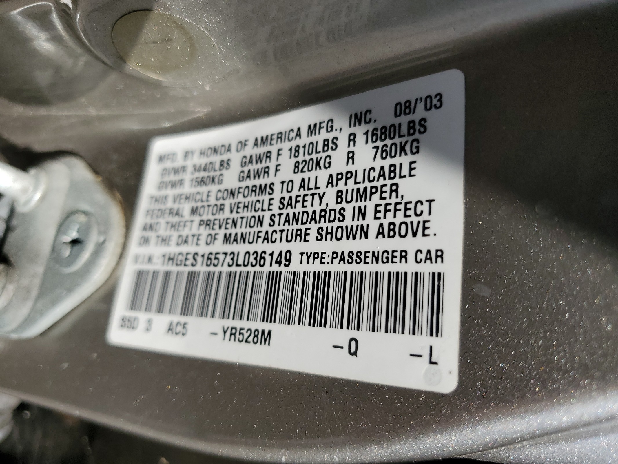 1HGES16573L036149 2003 Honda Civic Lx