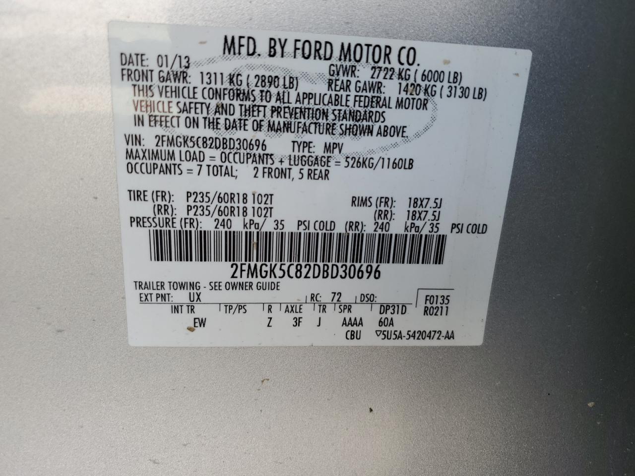 2013 Ford Flex Sel VIN: 2FMGK5C82DBD30696 Lot: 62318724