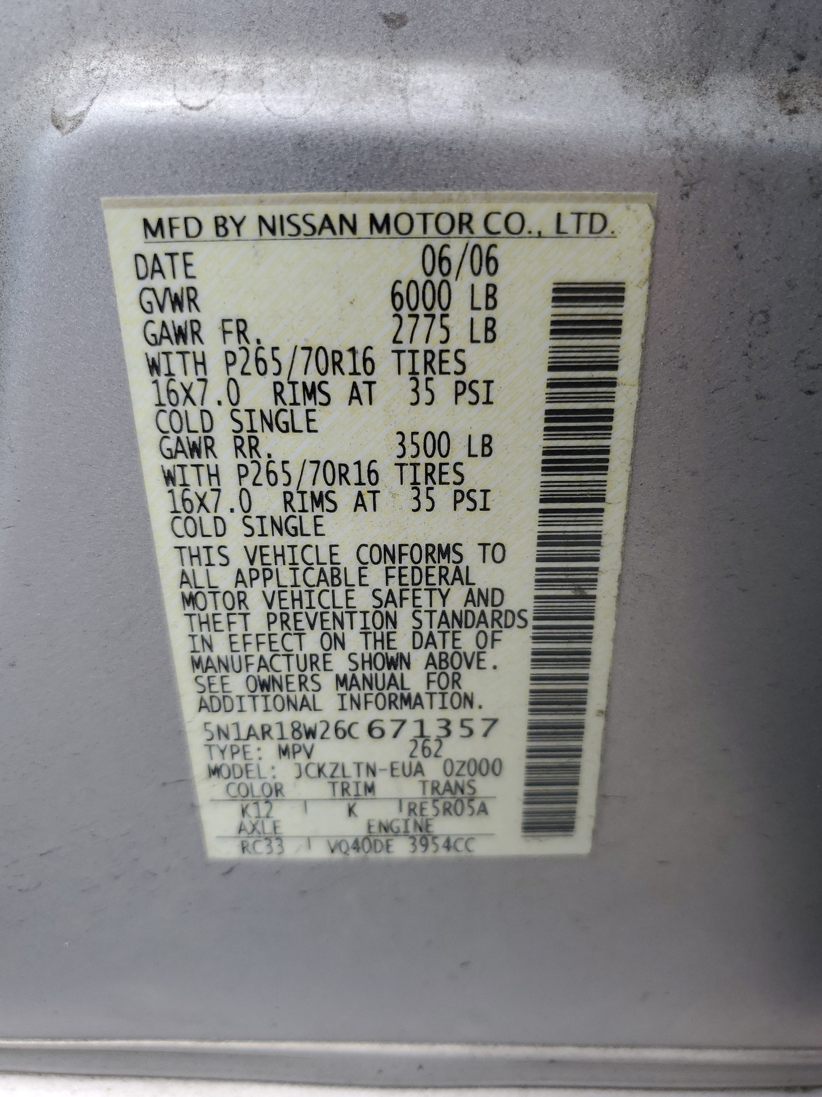 5N1AR18W26C671357 2006 Nissan Pathfinder Le