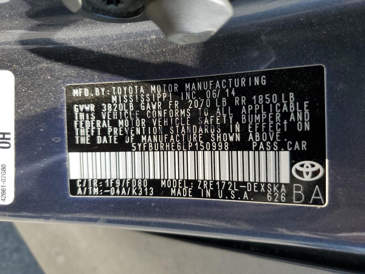 2014 Toyota Corolla L VIN: 5YFBURHE6EP150998 Lot: 65008344