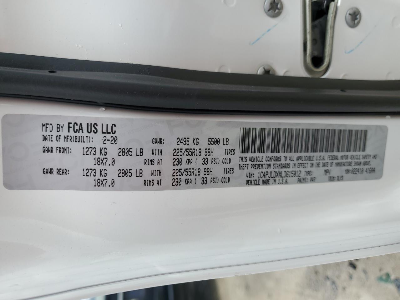 2020 Jeep Cherokee Limited VIN: 1C4PJLDXXLD615012 Lot: 63091404