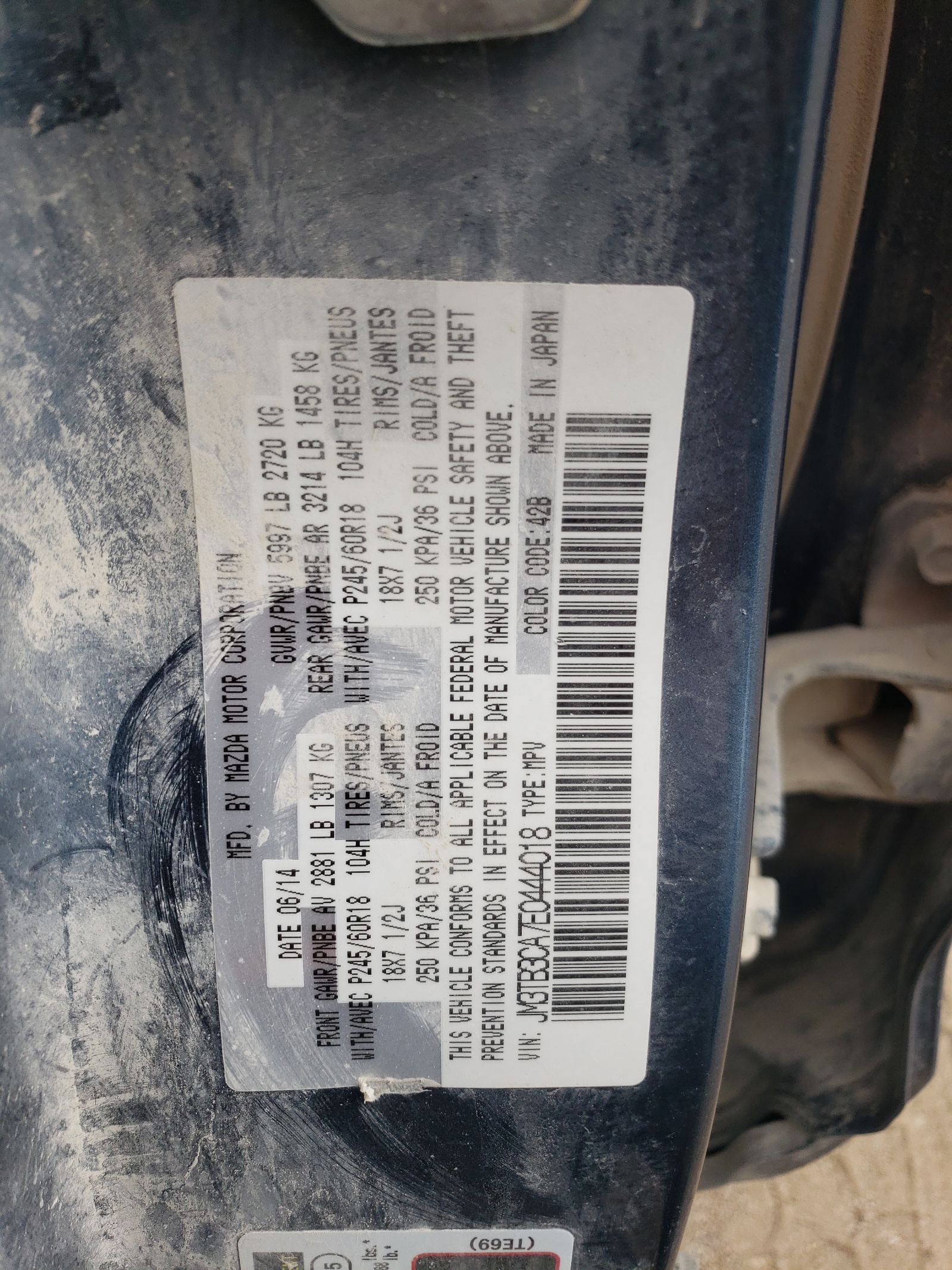 JM3TB3CA7E0444018 2014 Mazda Cx-9 Touring