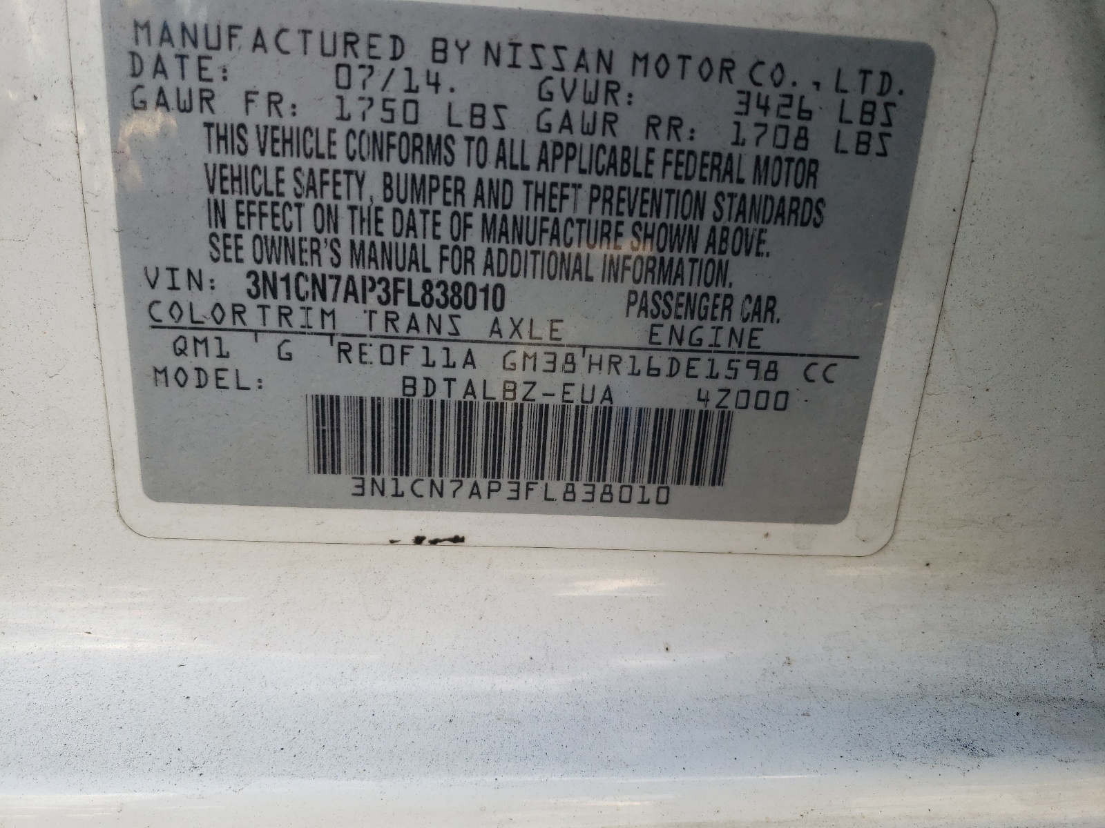3N1CN7AP3FL838010 2015 Nissan Versa S
