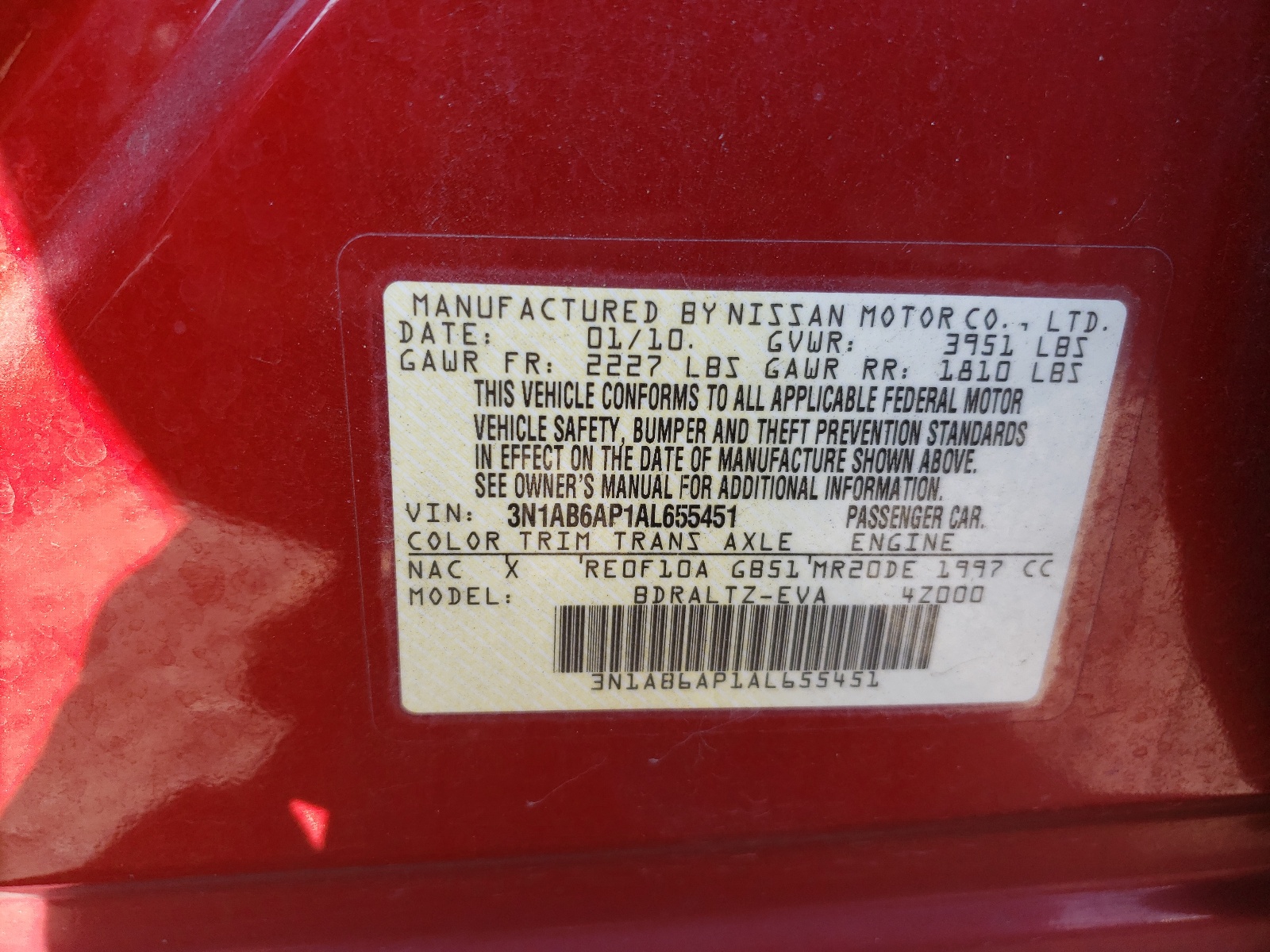 3N1AB6AP1AL655451 2010 Nissan Sentra 2.0