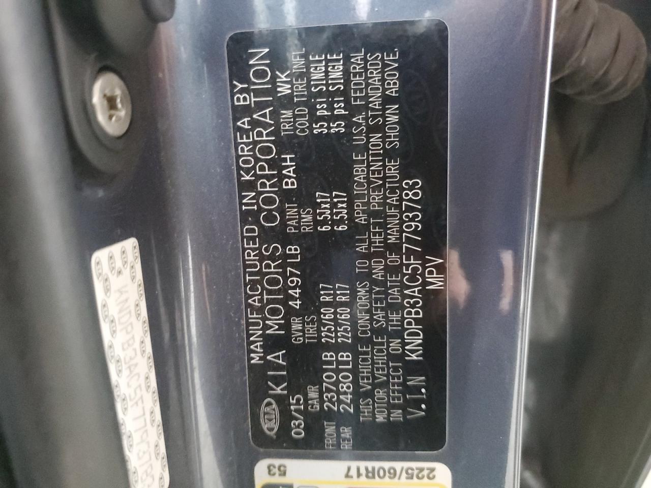 2015 Kia Sportage Lx VIN: KNDPB3AC5F7793783 Lot: 64421424