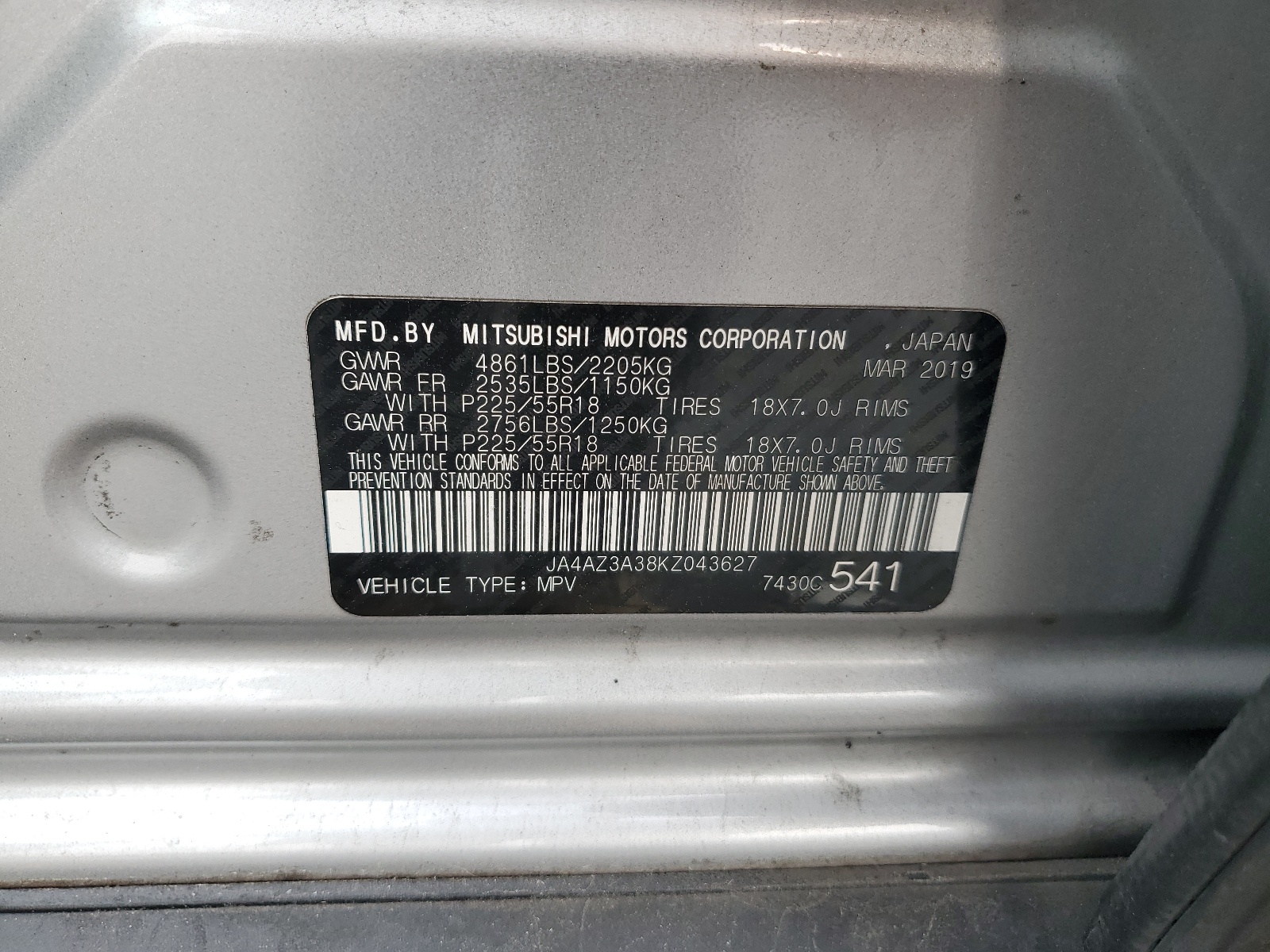 JA4AZ3A38KZ043627 2019 Mitsubishi Outlander Se