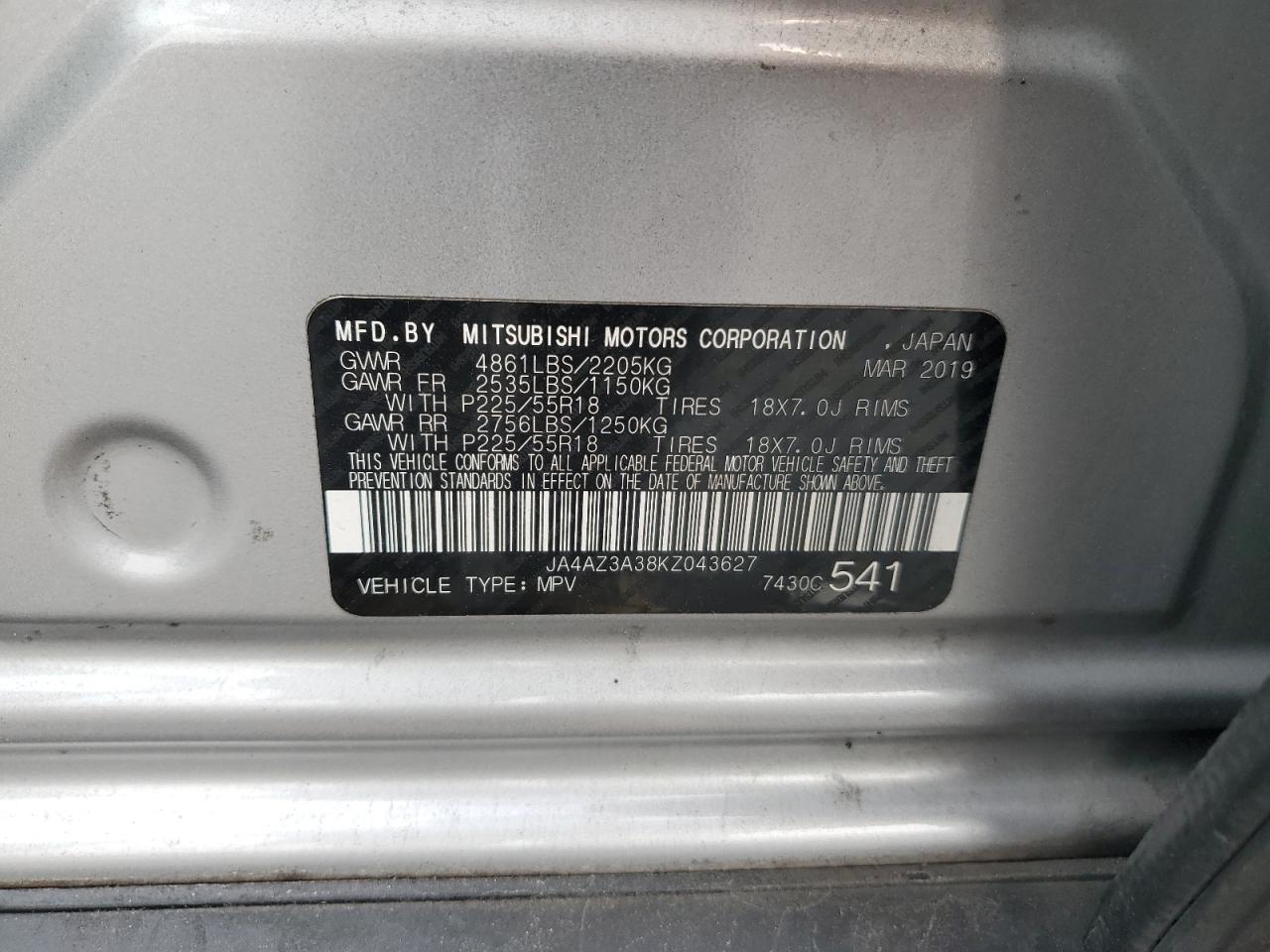 2019 Mitsubishi Outlander Se VIN: JA4AZ3A38KZ043627 Lot: 64290434