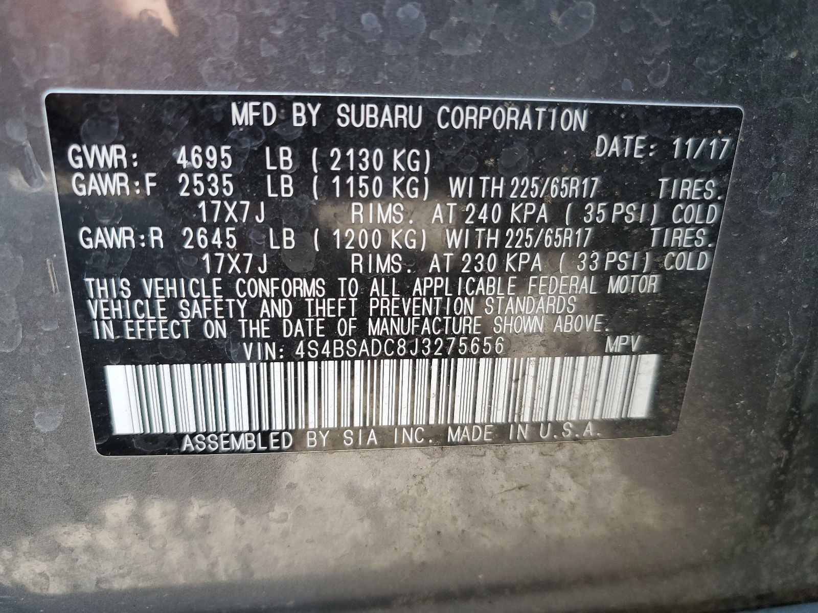 4S4BSADC8J3275656 2018 Subaru Outback 2.5I Premium