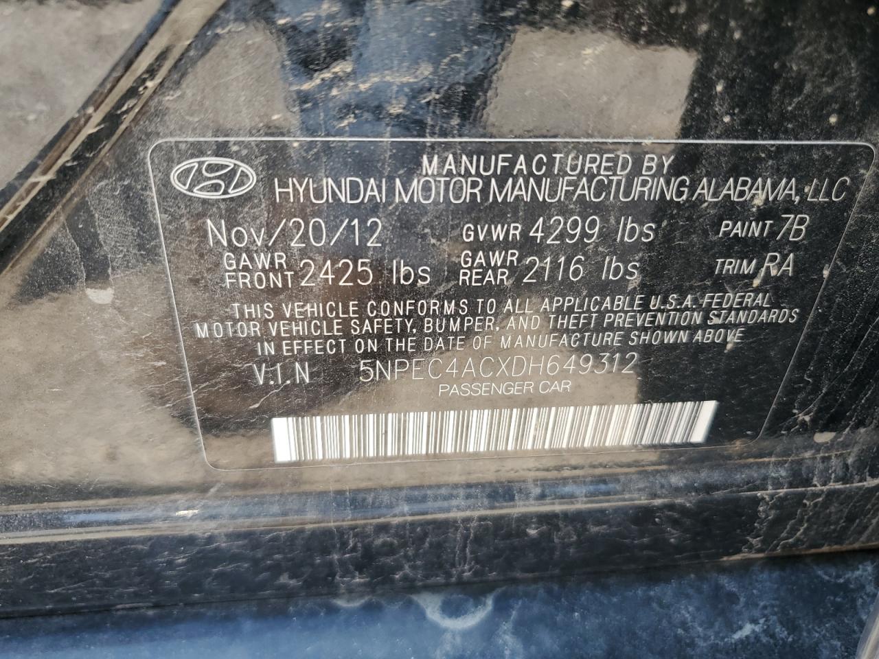 2013 Hyundai Sonata Se VIN: 5NPEC4ACXDH649312 Lot: 62117294