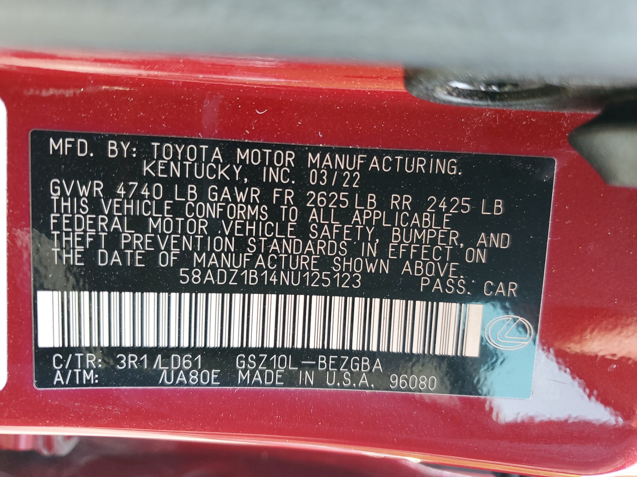 58ADZ1B14NU125123 2022 Lexus Es 350 Base