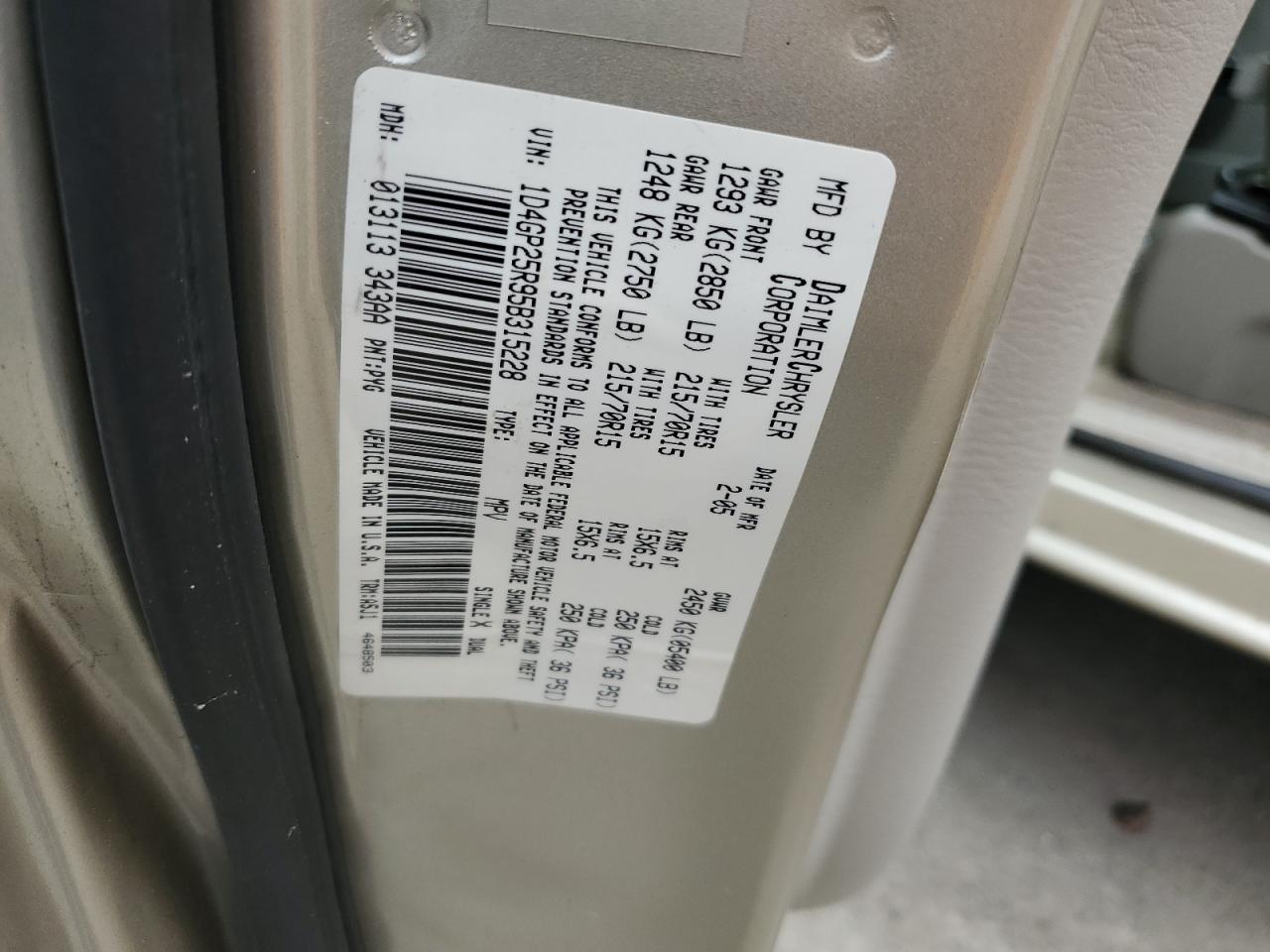 2005 Dodge Caravan Se VIN: 1D4GP25R95B315228 Lot: 64580214