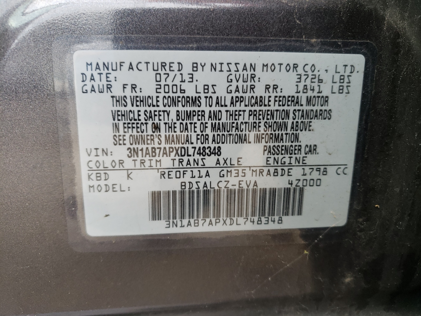 2013 Nissan Sentra S vin: 3N1AB7APXDL748348