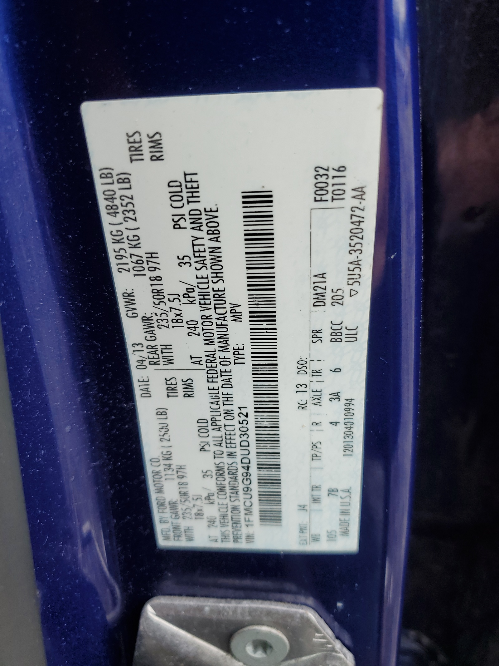 1FMCU9G94DUD30521 2013 Ford Escape Se