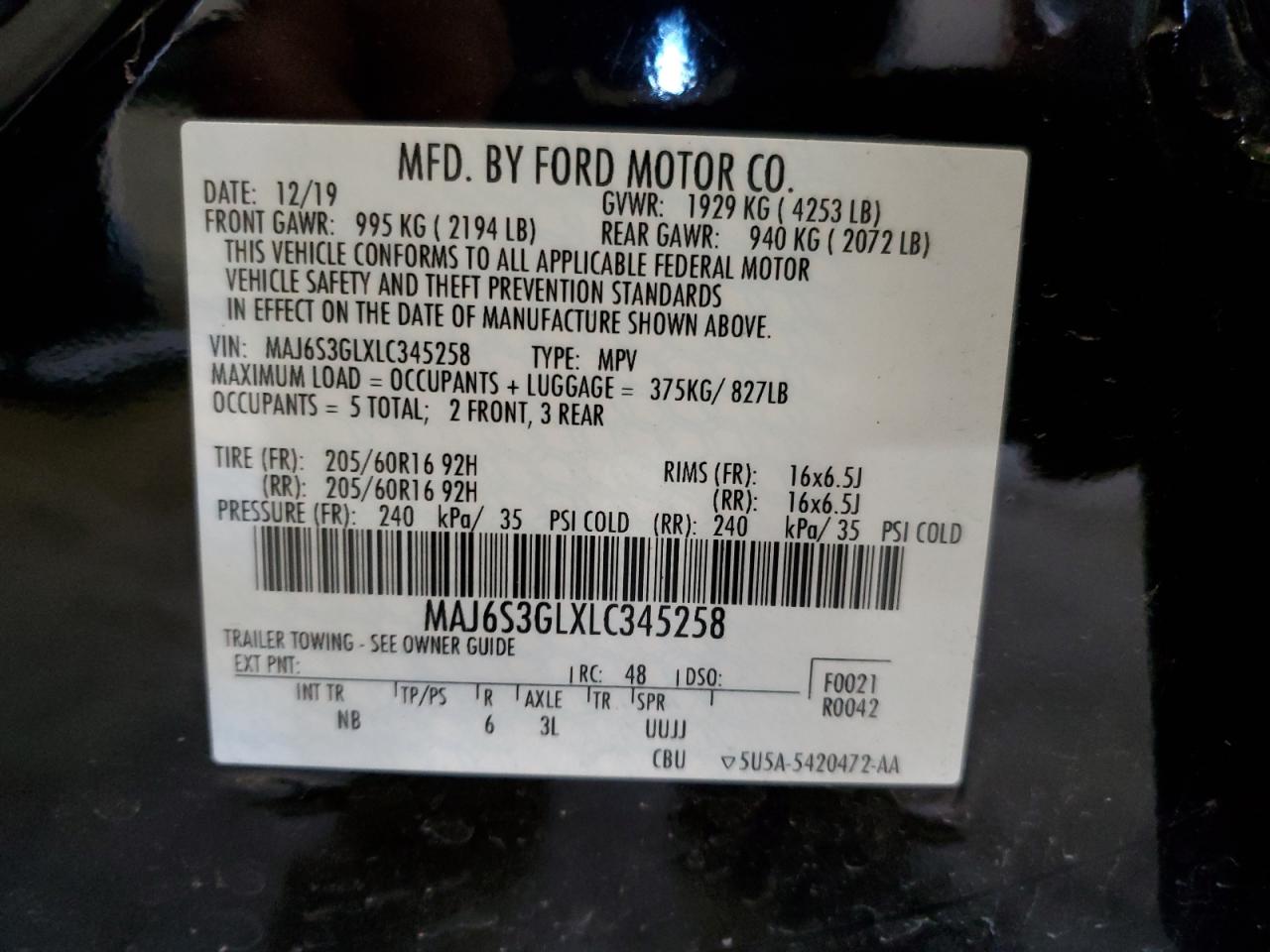 2020 Ford Ecosport Se VIN: MAJ6S3GLXLC345258 Lot: 64015644