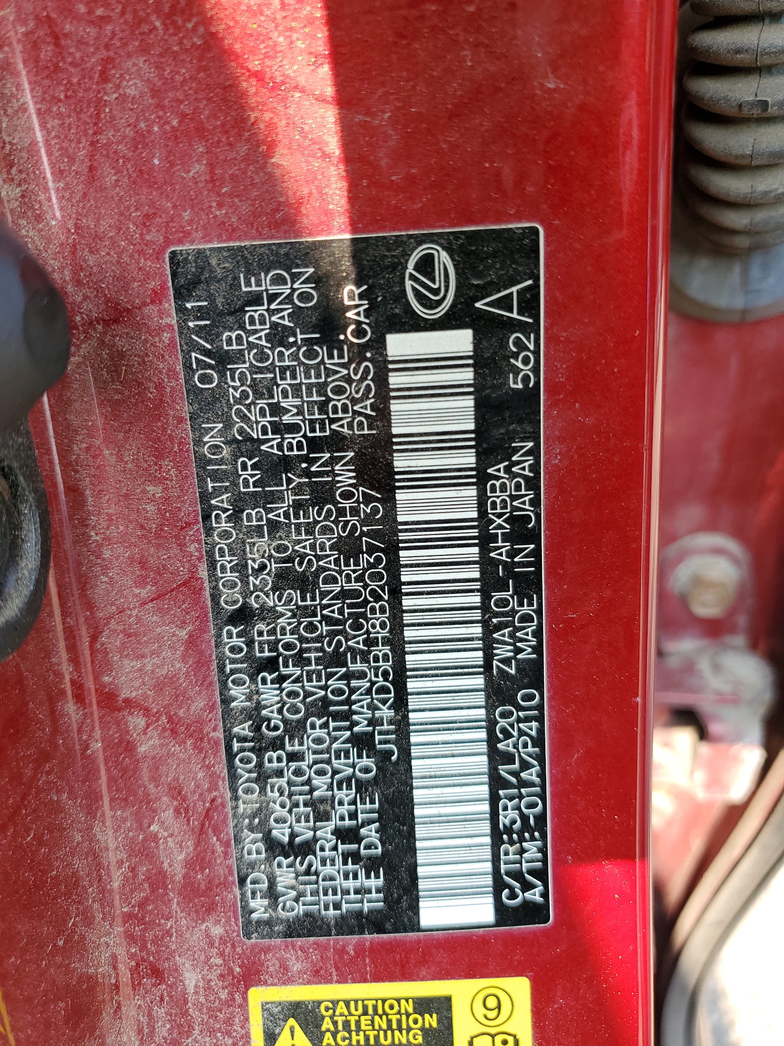 JTHKD5BH8B2037137 2011 Lexus Ct 200