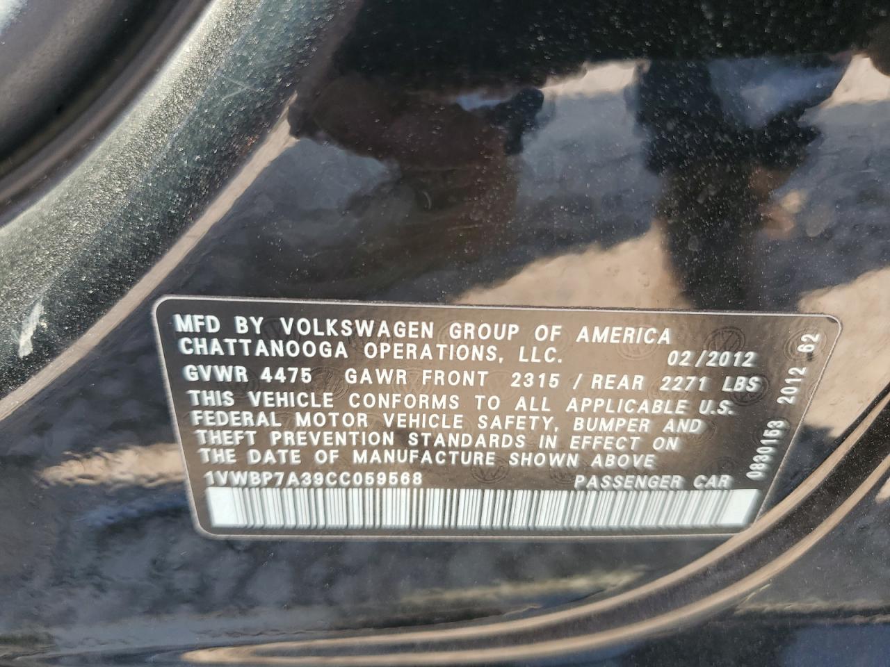 2012 Volkswagen Passat Se VIN: 1VWBP7A39CC059568 Lot: 65017924