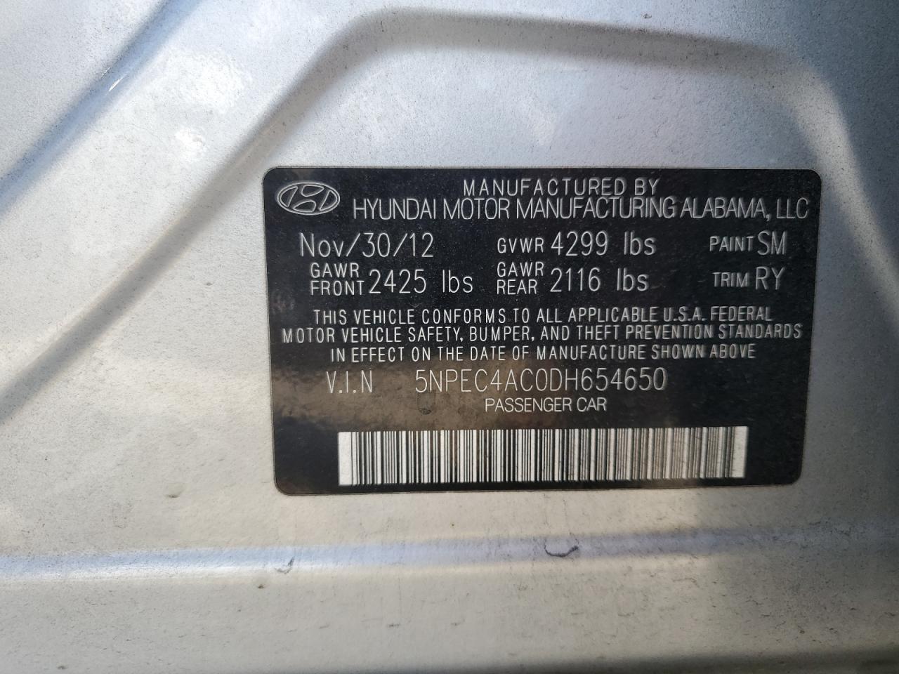 2013 Hyundai Sonata Se VIN: 5NPEC4AC0DH654650 Lot: 63528854