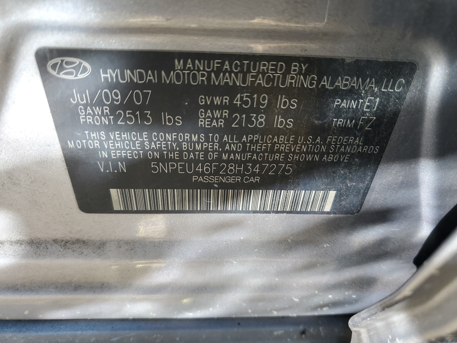 5NPEU46F28H347275 2008 Hyundai Sonata Se