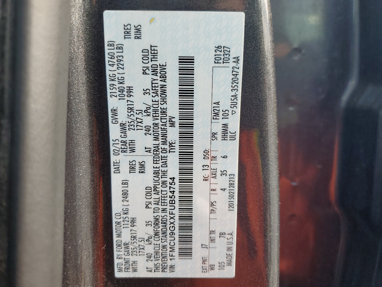 1FMCU9GXXFUB54754 2015 Ford Escape Se