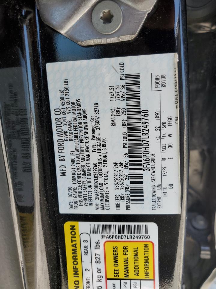 2020 Ford Fusion Se VIN: 3FA6P0HD7LR249760 Lot: 62697894