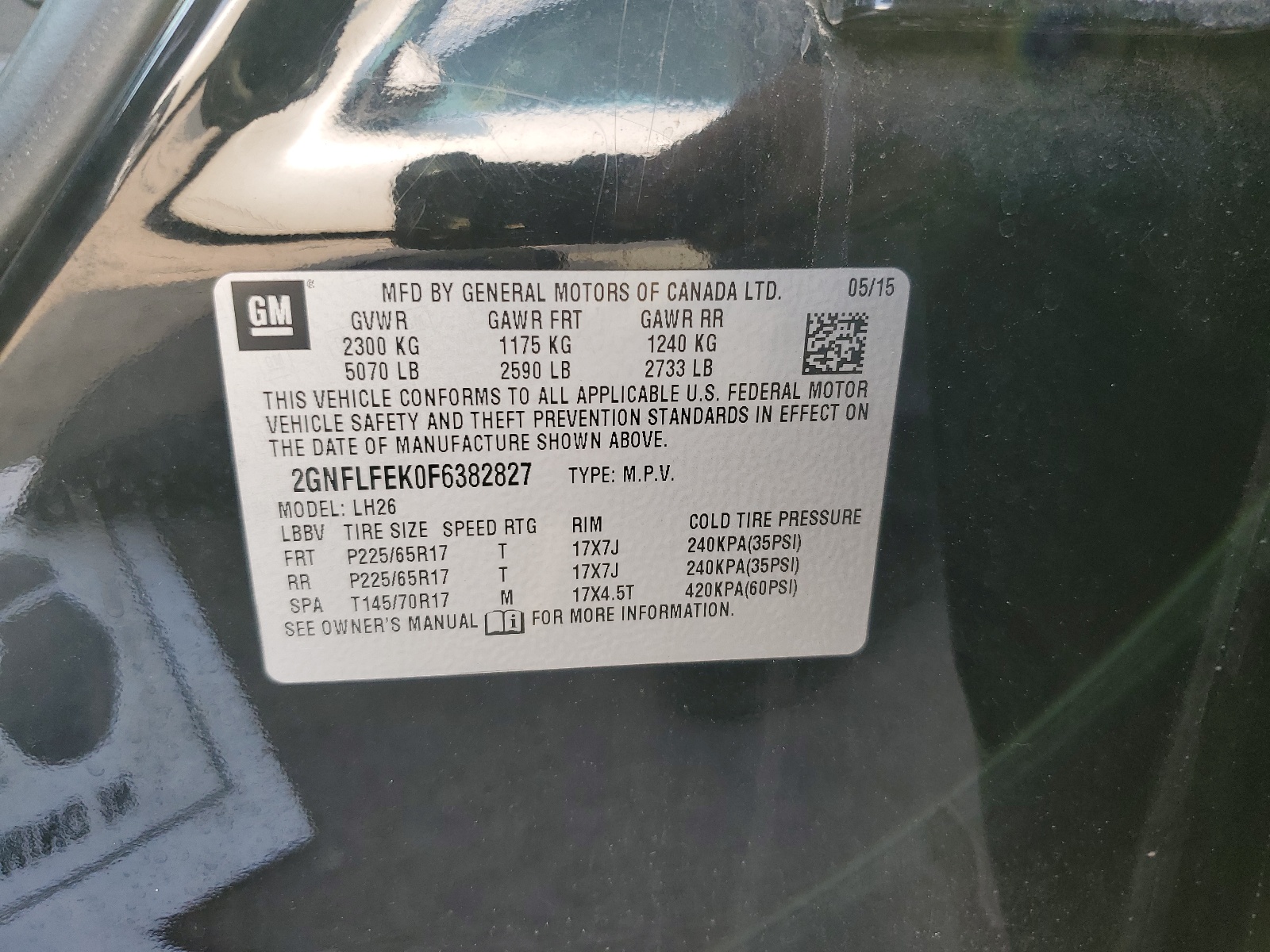 2GNFLFEK0F6382827 2015 Chevrolet Equinox Lt