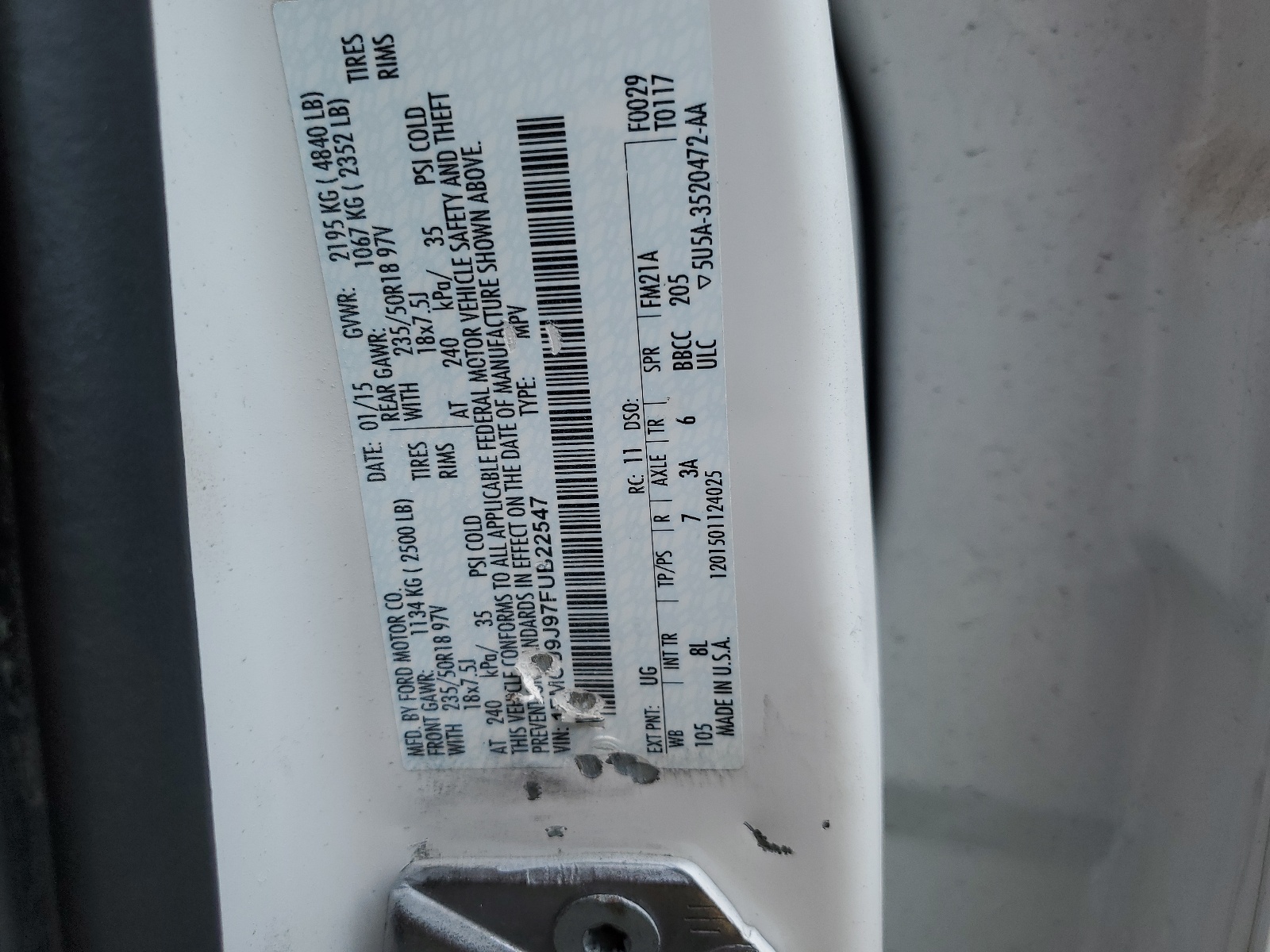 1FMCU9J97FUB22547 2015 Ford Escape Titanium