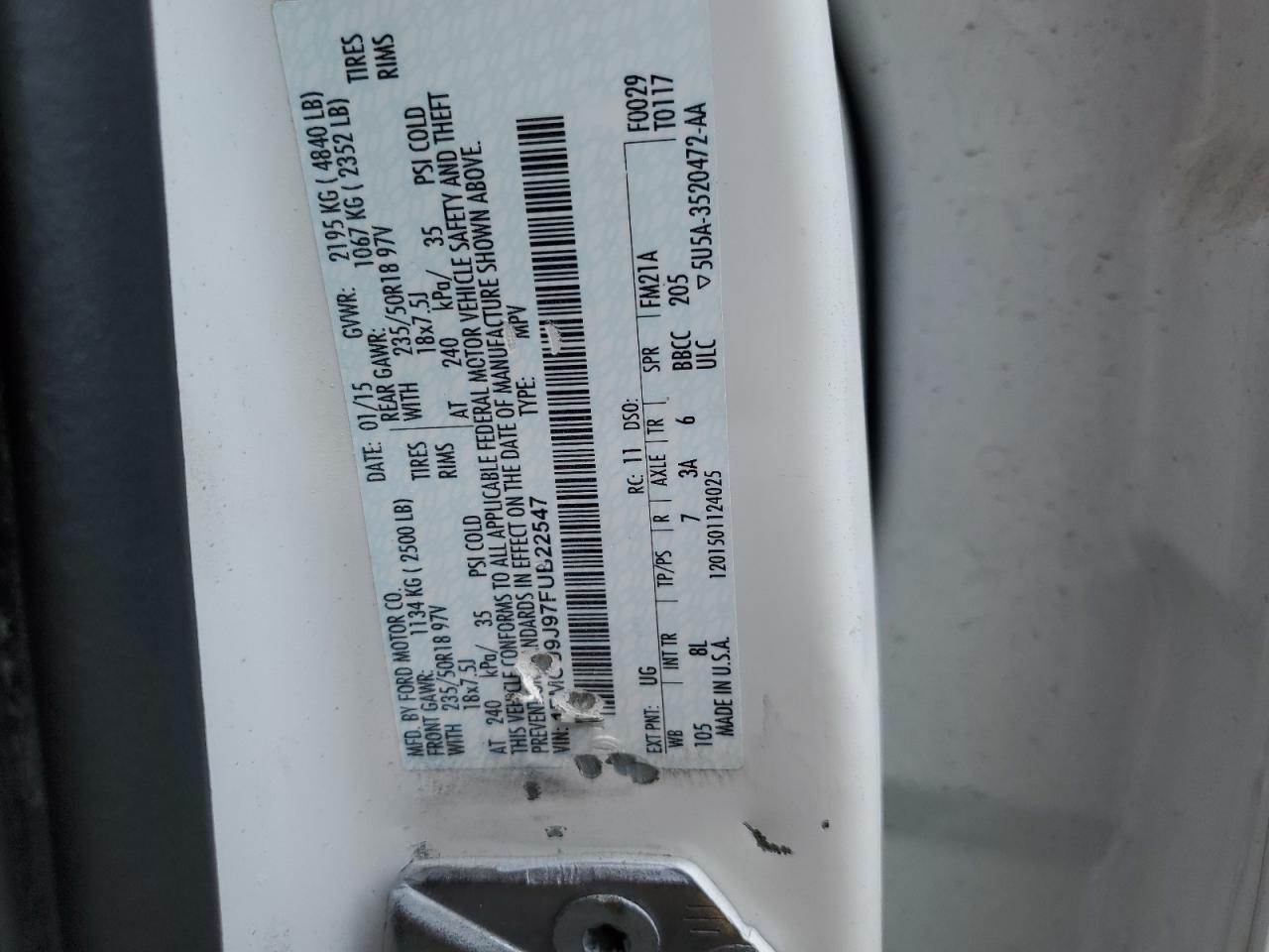 2015 Ford Escape Titanium VIN: 1FMCU9J97FUB22547 Lot: 64405184