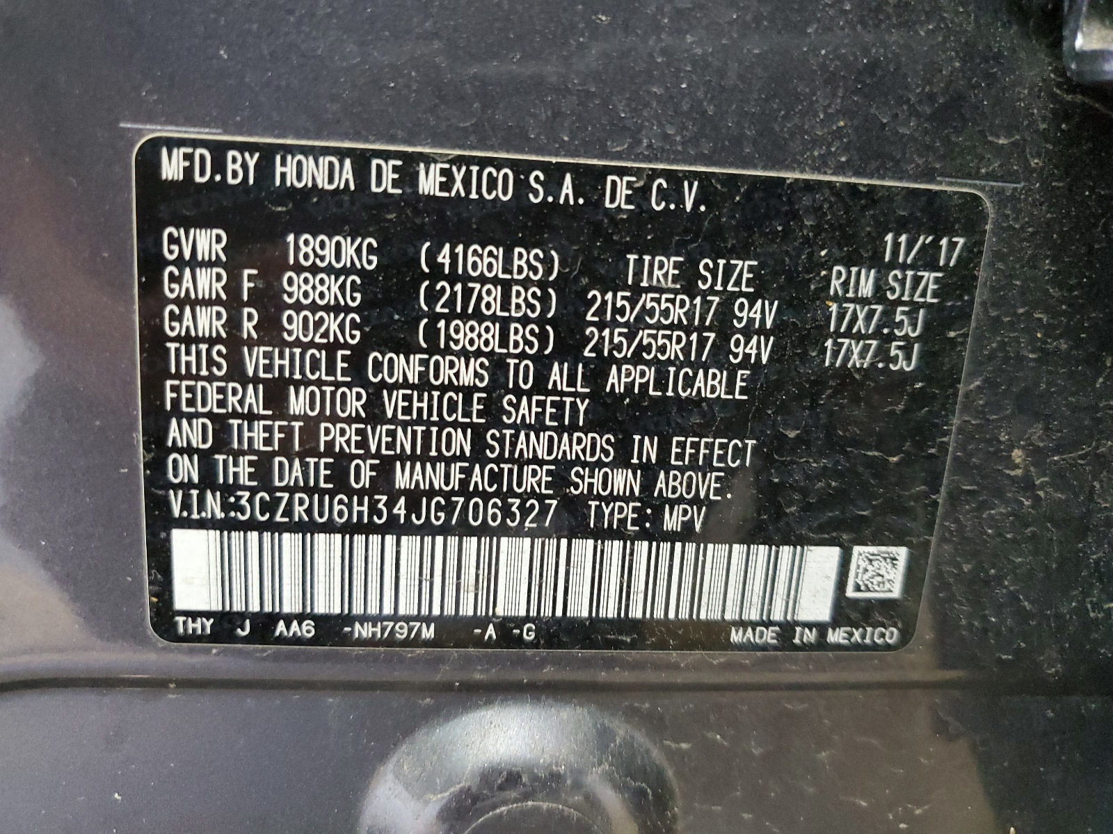 3CZRU6H34JG706327 2018 Honda Hr-V Lx