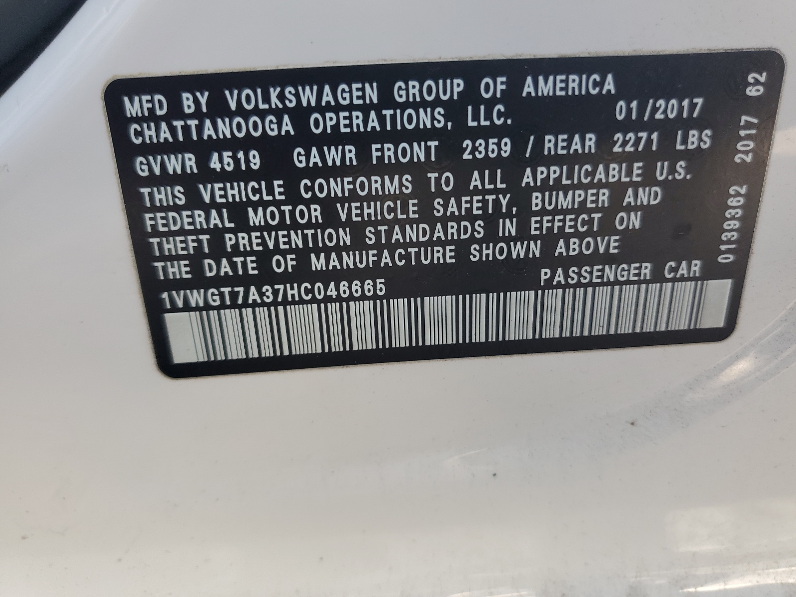 1VWGT7A37HC046665 2017 Volkswagen Passat Se