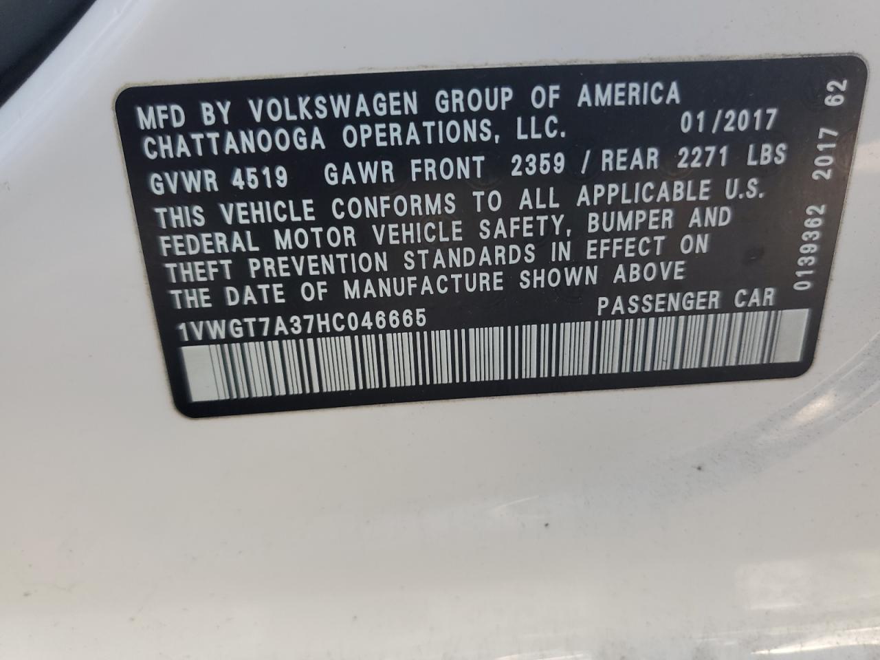 2017 Volkswagen Passat Se VIN: 1VWGT7A37HC046665 Lot: 62746204