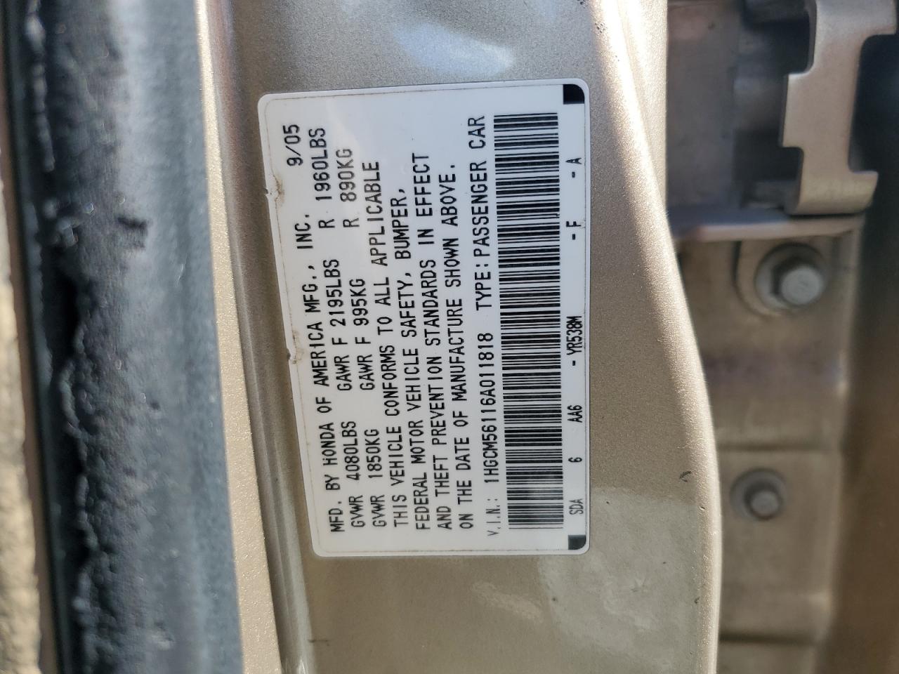 2006 Honda Accord Value VIN: 1HGCM56116A011818 Lot: 63852924