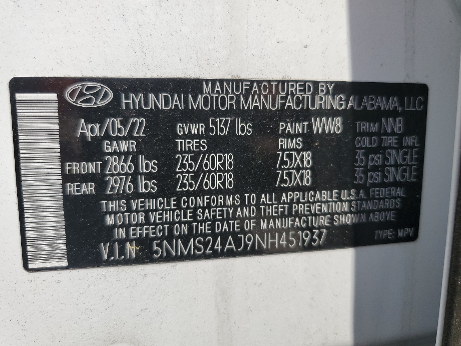 5NMS24AJ9NH451937 2022 Hyundai Santa Fe Sel