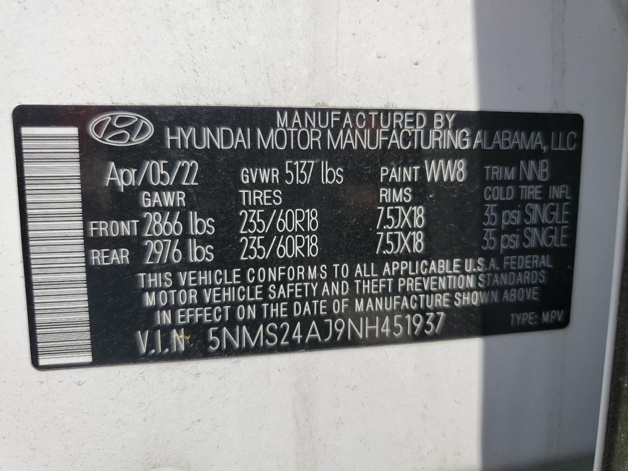 2022 Hyundai Santa Fe Sel VIN: 5NMS24AJ9NH451937 Lot: 65245244