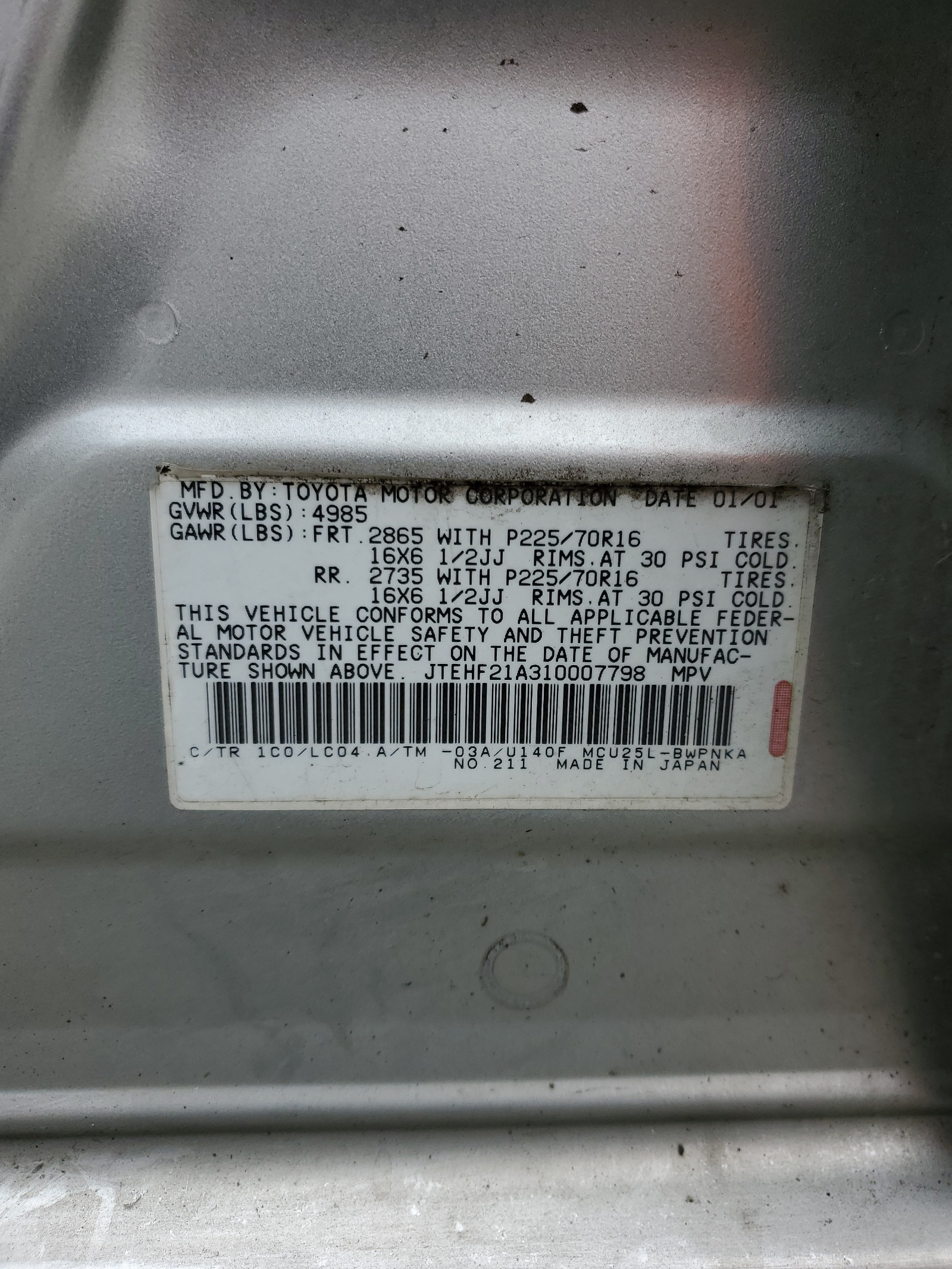 JTEHF21A310007798 2001 Toyota Highlander