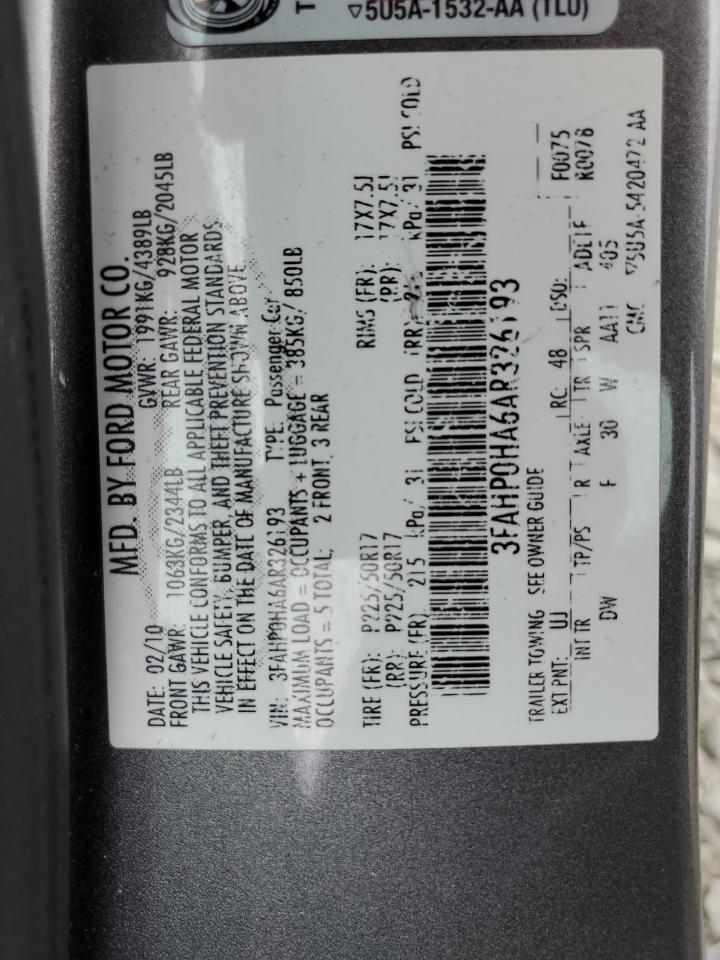 2010 Ford Fusion Se VIN: 3FAHP0HA6AR326193 Lot: 63557814