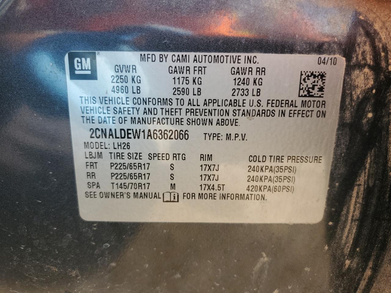 2010 Chevrolet Equinox Lt VIN: 2CNALDEW1A6362066 Lot: 63257214