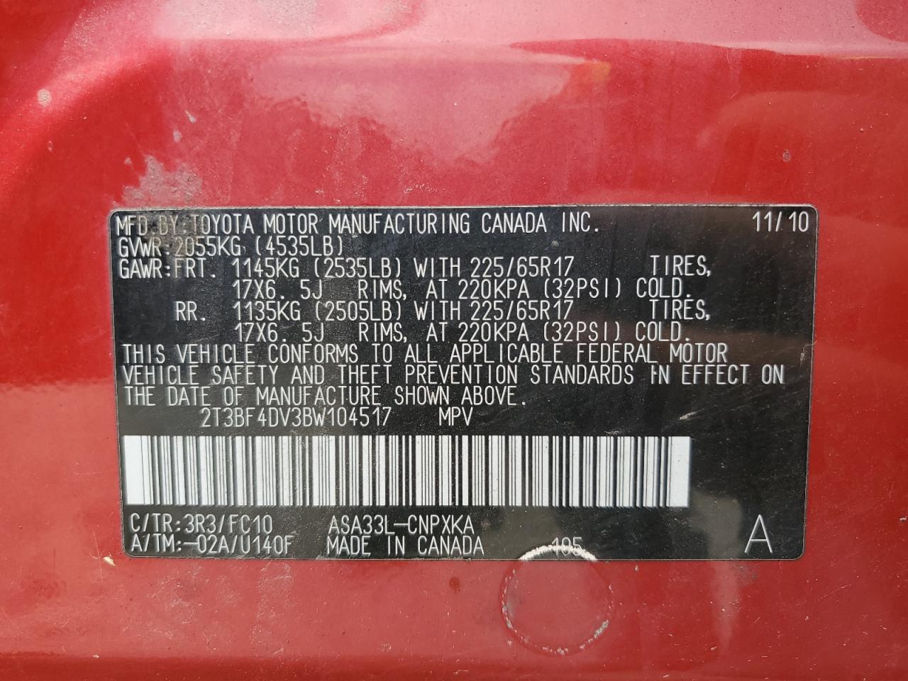 2011 Toyota Rav4 VIN: 2T3BF4DV3BW104517 Lot: 65290514