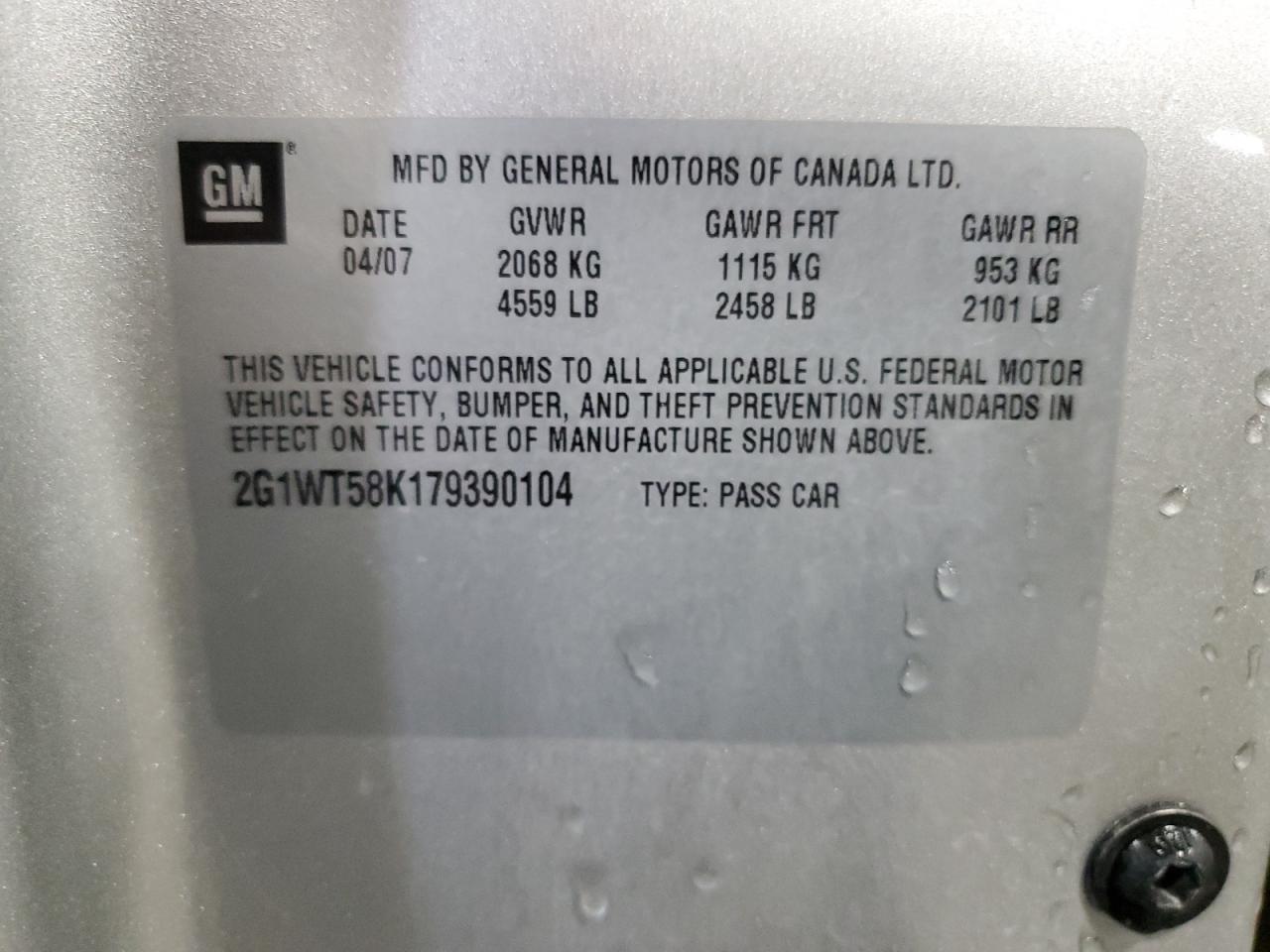 2007 Chevrolet Impala Lt VIN: 2G1WT58K179390104 Lot: 63616634