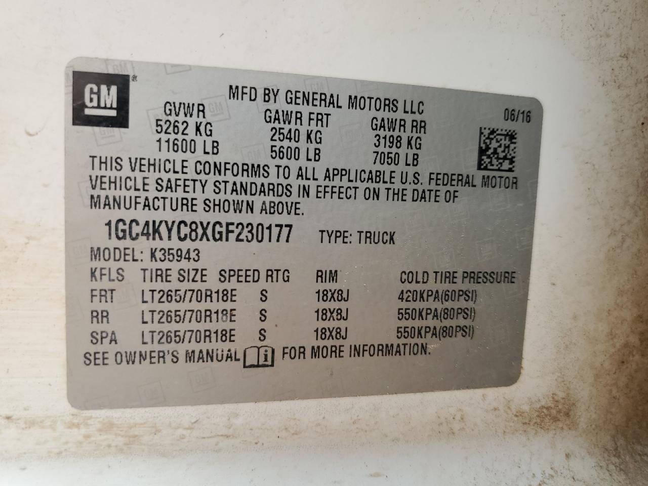 1GC4KYC8XGF230177 2016 Chevrolet Silverado K3500