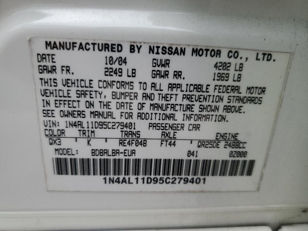 2005 Nissan Altima S VIN: 1N4AL11D95C279401 Lot: 62686854