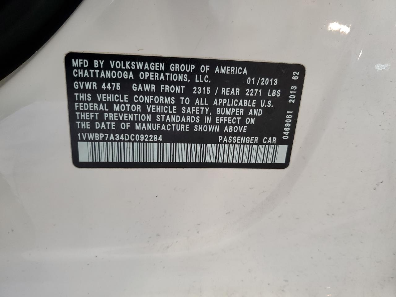 2013 Volkswagen Passat Se VIN: 1VWBP7A34DC092284 Lot: 63043854