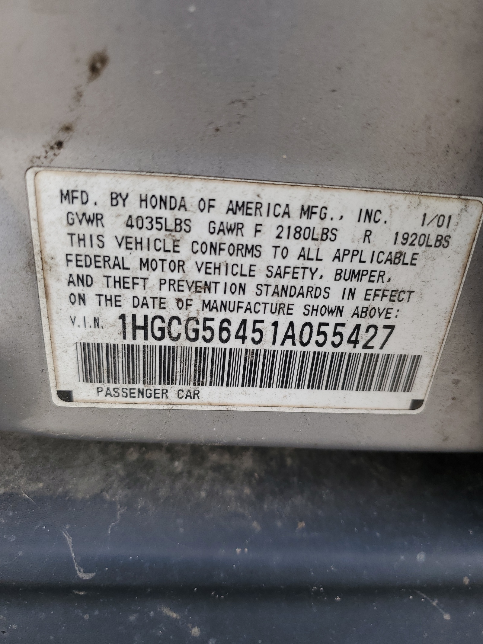 1HGCG56451A055427 2001 Honda Accord Lx